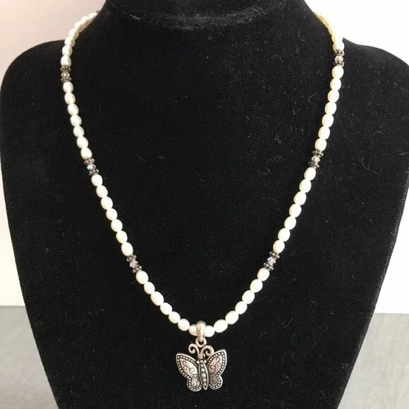 Vintage Handmade Sterling Silver Butterfly Pearl Swarovski Crystal Necklace 16 - Picture 2 of 8
